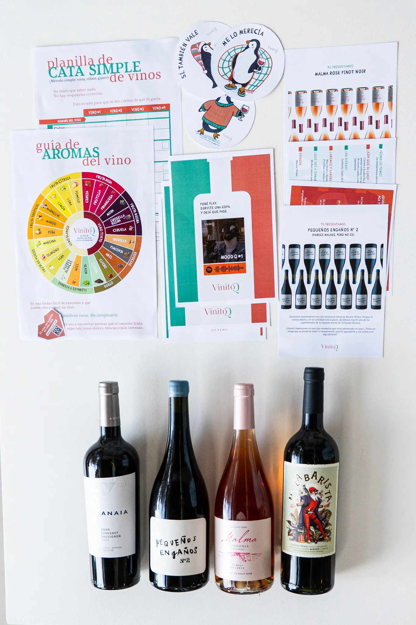 Contenido completo del box de Vinito Q con vinos, fichas, guía de aromas y planilla de cata